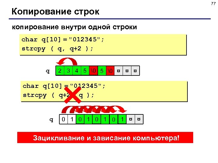 77 Копирование строк копирование внутри одной строки char q[10] = 