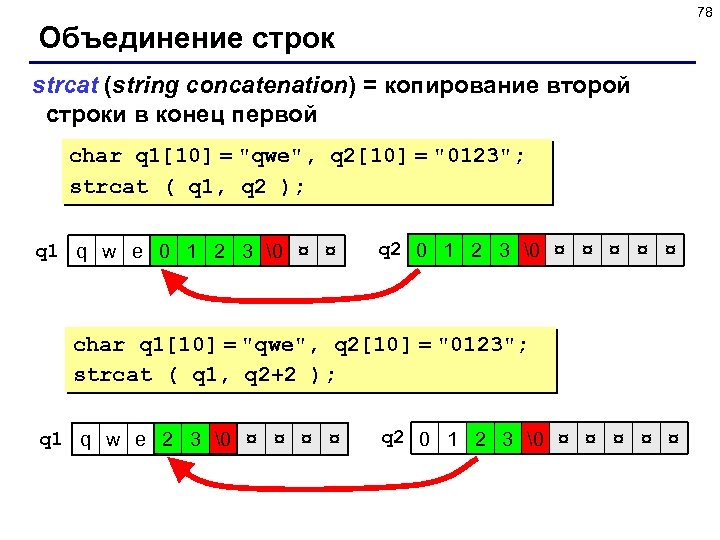 78 Объединение строк strcat (string concatenation) = копирование второй строки в конец первой char