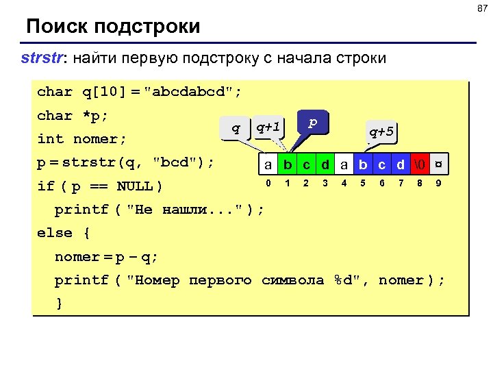 87 Поиск подстроки strstr: найти первую подстроку c начала строки char q[10] = 