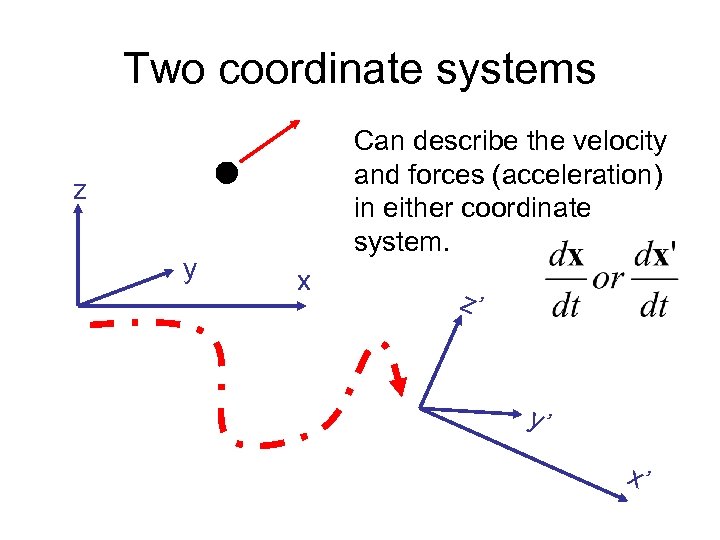 Two coordinate systems Can describe the velocity and forces (acceleration) in either coordinate system.