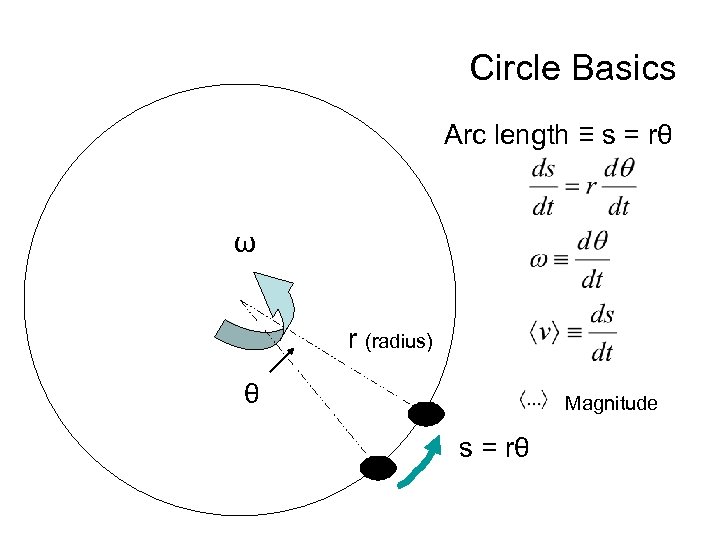 Circle Basics Arc length ≡ s = rθ ω r (radius) θ Magnitude s