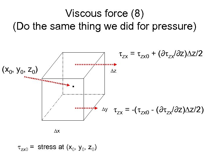 Viscous force (8) (Do the same thing we did for pressure) tzx = tzx