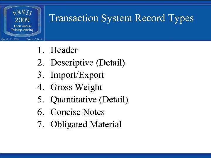 Transaction System Record Types 1. 2. 3. 4. 5. 6. 7. Header Descriptive (Detail)