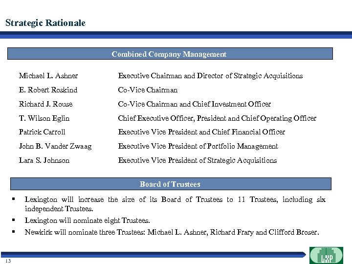 Strategic Rationale Combined Company Management Michael L. Ashner Executive Chairman and Director of Strategic