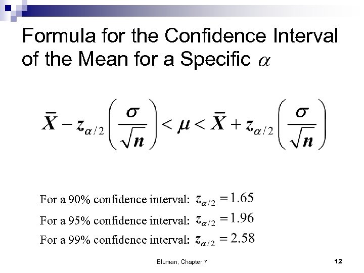 Formula for the Confidence Interval of the Mean for a Specific a For a