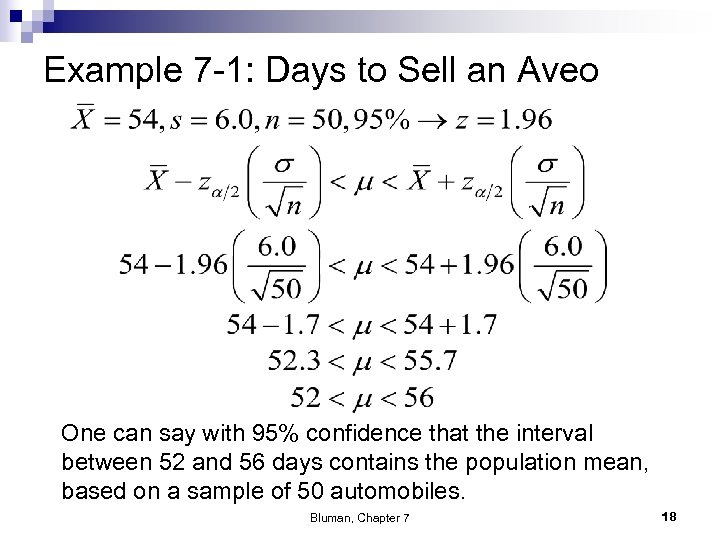 Example 7 -1: Days to Sell an Aveo One can say with 95% confidence
