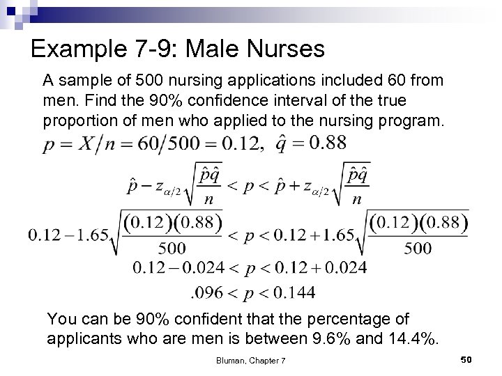 Example 7 -9: Male Nurses A sample of 500 nursing applications included 60 from