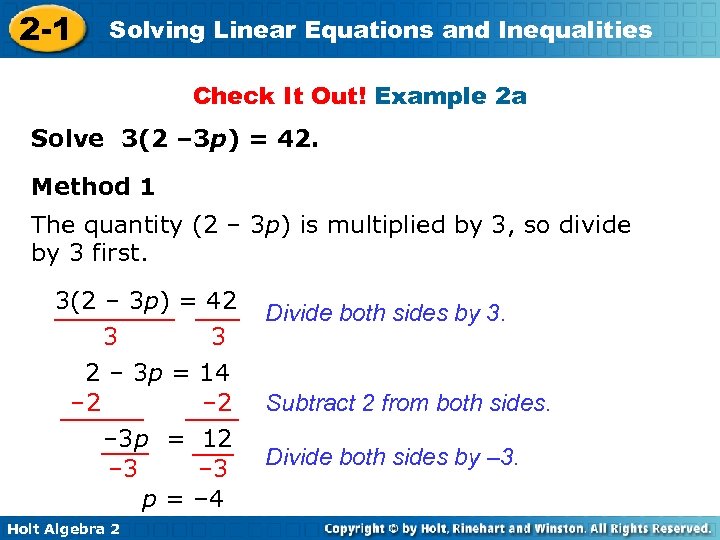 2 -1 Solving Linear Equations and Inequalities Check It Out! Example 2 a Solve