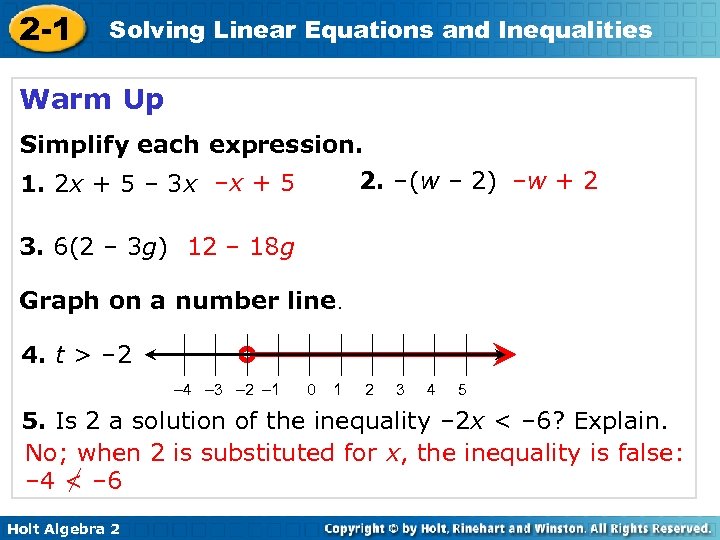 2 -1 Solving Linear Equations and Inequalities Warm Up Simplify each expression. 2. –(w