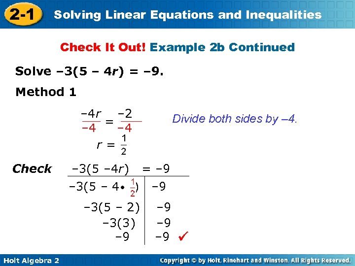 2 -1 Solving Linear Equations and Inequalities Check It Out! Example 2 b Continued