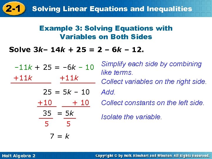 2 -1 Solving Linear Equations and Inequalities Example 3: Solving Equations with Variables on