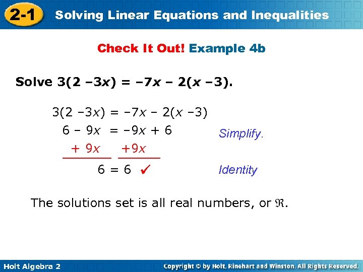 2 -1 Solving Linear Equations and Inequalities Check It Out! Example 4 b Solve