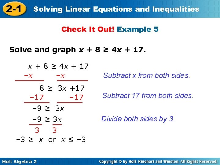 2 -1 Solving Linear Equations and Inequalities Check It Out! Example 5 Solve and