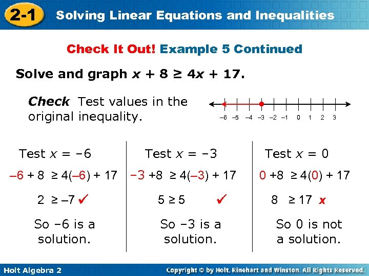 2 -1 Solving Linear Equations and Inequalities Check It Out! Example 5 Continued Solve