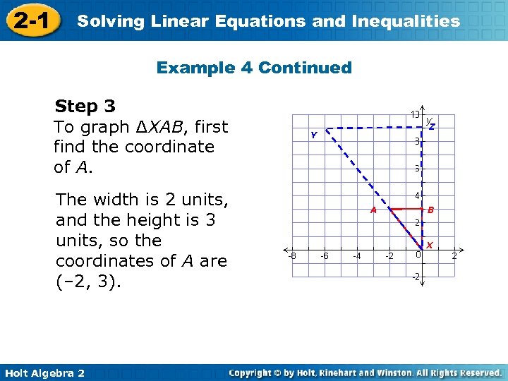 2 -1 Solving Linear Equations and Inequalities Example 4 Continued Step 3 To graph