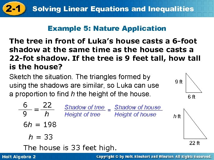2 -1 Solving Linear Equations and Inequalities Example 5: Nature Application The tree in