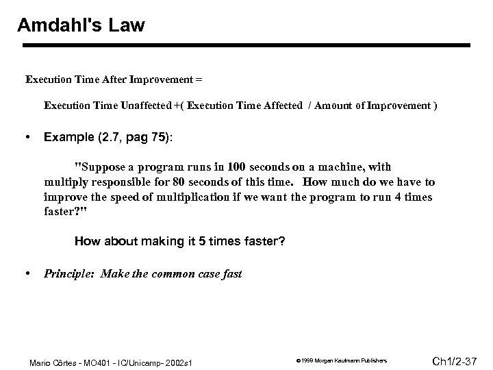 Amdahl's Law Execution Time After Improvement = Execution Time Unaffected +( Execution Time Affected