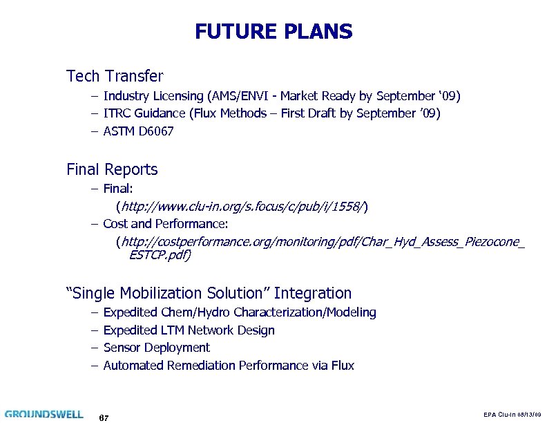 FUTURE PLANS Tech Transfer – Industry Licensing (AMS/ENVI - Market Ready by September ‘