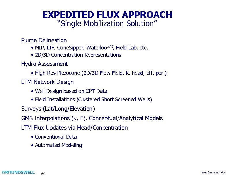 EXPEDITED FLUX APPROACH “Single Mobilization Solution” Plume Delineation • MIP, LIF, Cone. Sipper, Waterloo.