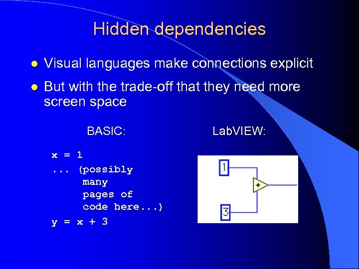 Hidden dependencies l Visual languages make connections explicit l But with the trade-off that