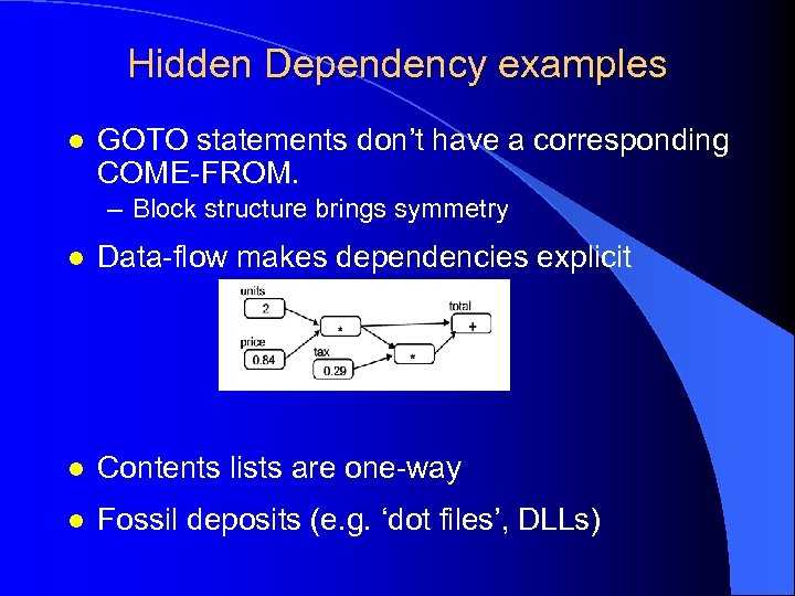 Hidden Dependency examples l GOTO statements don’t have a corresponding COME-FROM. – Block structure