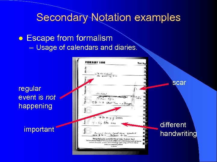 Secondary Notation examples l Escape from formalism – Usage of calendars and diaries. regular