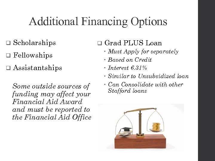 Additional Financing Options q Scholarships q Fellowships q Assistantships Some outside sources of funding