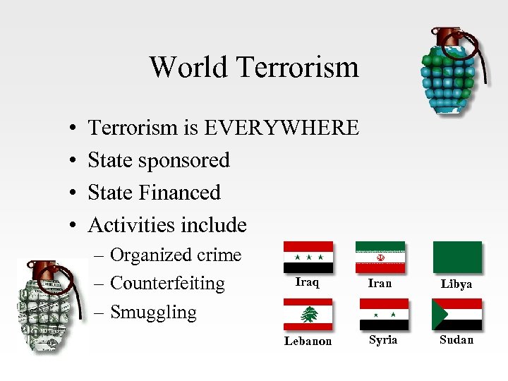 World Terrorism • • Terrorism is EVERYWHERE State sponsored State Financed Activities include –