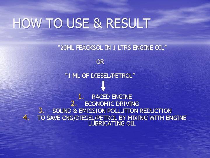 HOW TO USE & RESULT “ 20 ML FEACKSOL IN 1 LTRS ENGINE OIL”