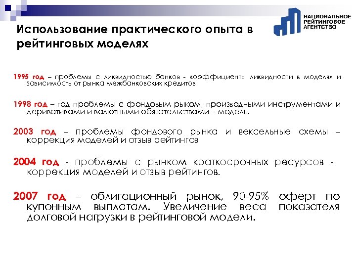 Использование практического опыта в рейтинговых моделях 1995 год – проблемы с ликвидностью банков -