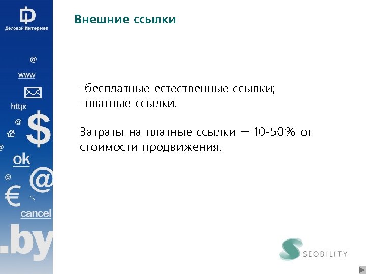 Внешние ссылки -бесплатные естественные ссылки; -платные ссылки. Затраты на платные ссылки – 10 -50%