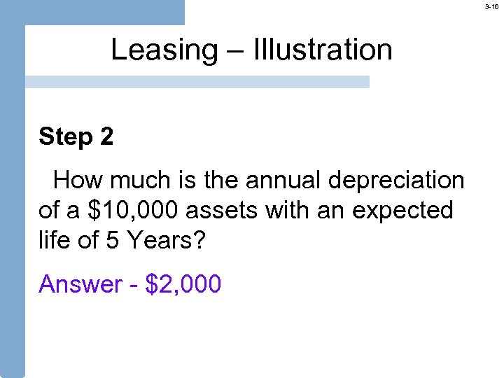3 -16 Leasing – Illustration Step 2 How much is the annual depreciation of