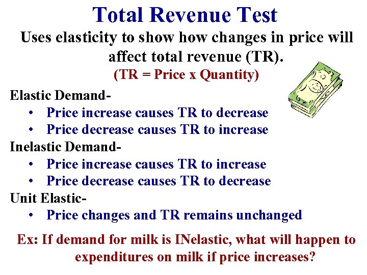 Total Revenue Test Uses elasticity to show changes in price will affect total revenue