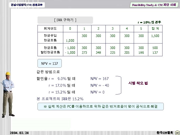 Feasibility Study & CM 제안 사례 건설사업관리(CM) 전문교육 [ IRR 구하기 ] 회계연도 r