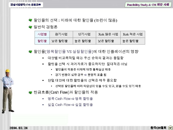 Feasibility Study & CM 제안 사례 건설사업관리(CM) 전문교육 할인율의 선택 : 미래에 대한 할인율