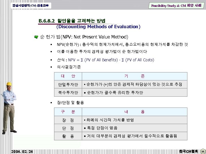 Feasibility Study & CM 제안 사례 건설사업관리(CM) 전문교육 B. 6. 8. 2 할인율을 고려하는