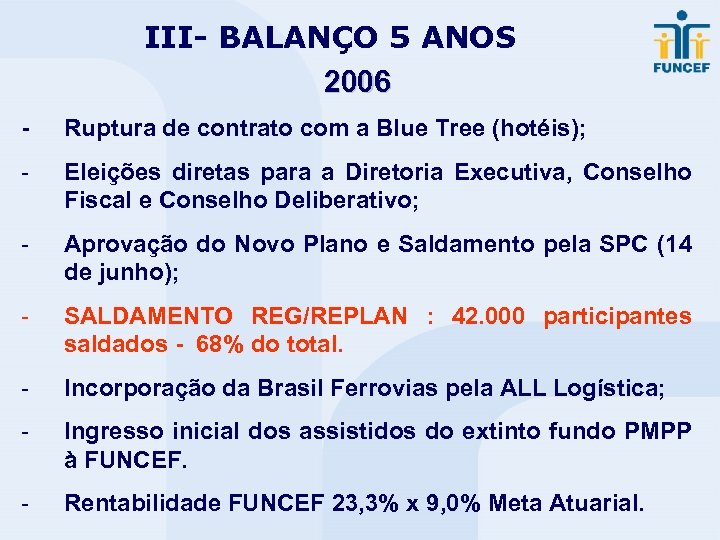 III- BALANÇO 5 ANOS 2006 - Ruptura de contrato com a Blue Tree (hotéis);
