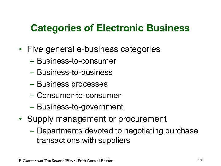 Categories of Electronic Business • Five general e-business categories – Business-to-consumer – Business-to-business –