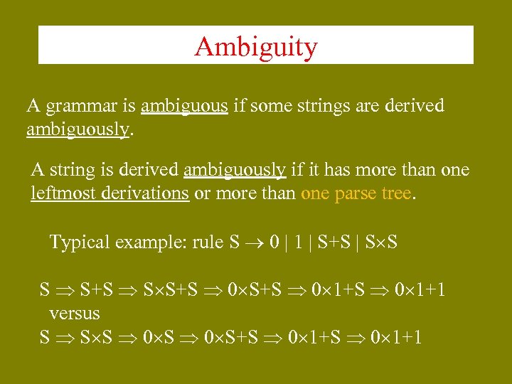 Ambiguity A grammar is ambiguous if some strings are derived ambiguously. A string is