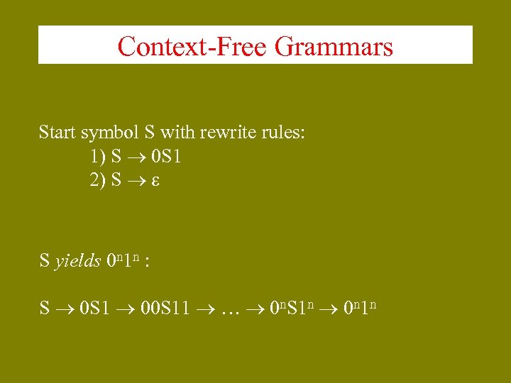 Context-Free Grammars Start symbol S with rewrite rules: 1) S 0 S 1 2)