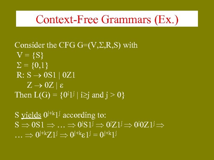 Context-Free Grammars (Ex. ) Consider the CFG G=(V, , R, S) with V =