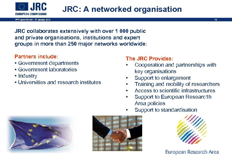 JRC: A networked organisation FP 7 Launch Event – 27 January 2012 16 JRC