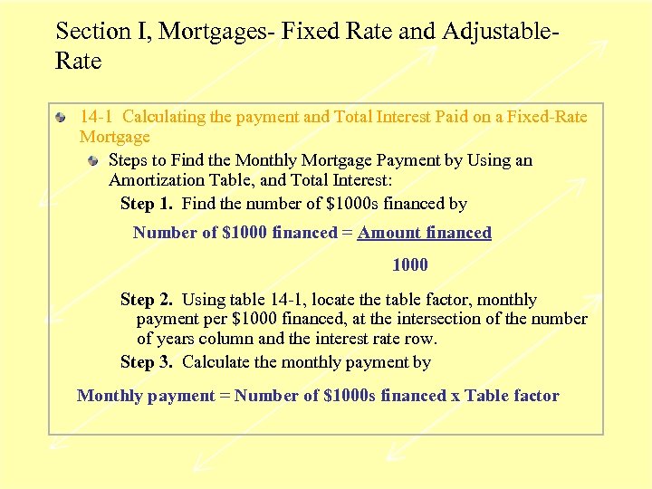 Section I, Mortgages- Fixed Rate and Adjustable. Rate 14 -1 Calculating the payment and