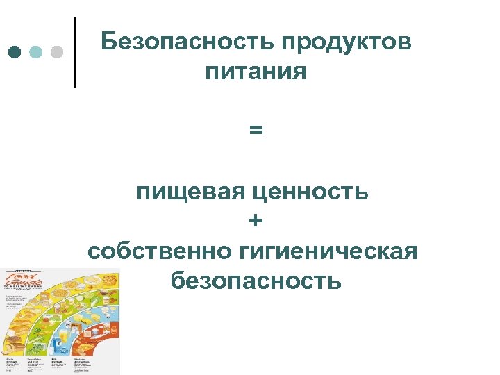 Безопасность продуктов питания = пищевая ценность + собственно гигиеническая безопасность 