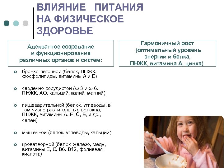 ВЛИЯНИЕ ПИТАНИЯ НА ФИЗИЧЕСКОЕ ЗДОРОВЬЕ Адекватное созревание и функционирование различных органов и систем: ¢