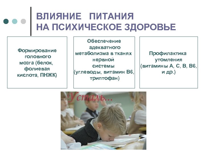 ВЛИЯНИЕ ПИТАНИЯ НА ПСИХИЧЕСКОЕ ЗДОРОВЬЕ Формирование головного мозга (белок, фолиевая кислота, ПНЖК) Обеспечение адекватного