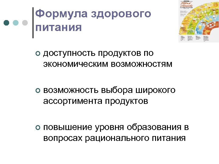 Формула здорового питания ¢ доступность продуктов по экономическим возможностям ¢ возможность выбора широкого ассортимента