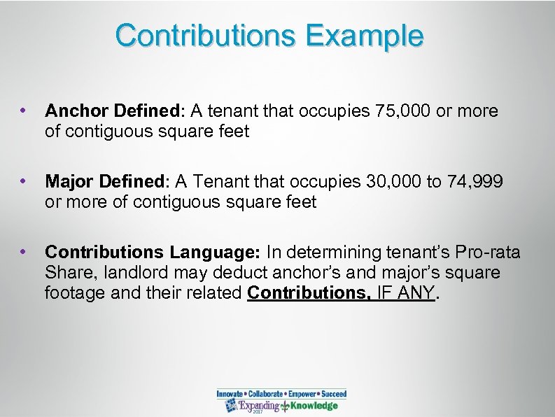 Contributions Example • Anchor Defined: A tenant that occupies 75, 000 or more of