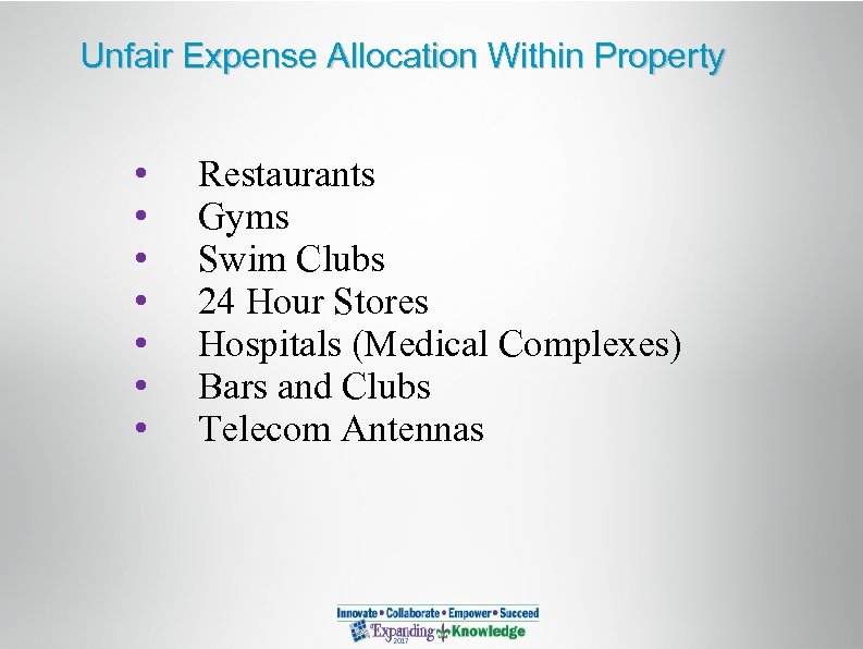 Unfair Expense Allocation Within Property • • Restaurants Gyms Swim Clubs 24 Hour Stores