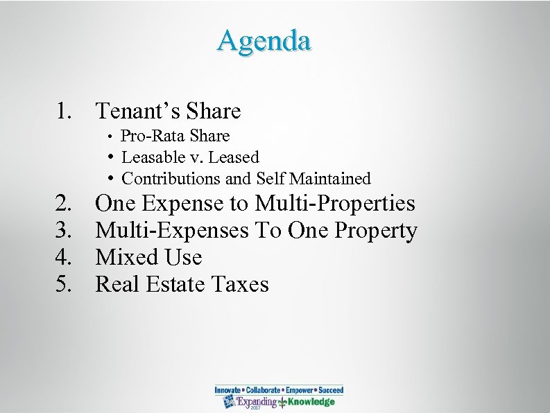 Agenda 1. Tenant’s Share Pro-Rata Share • Leasable v. Leased • Contributions and Self